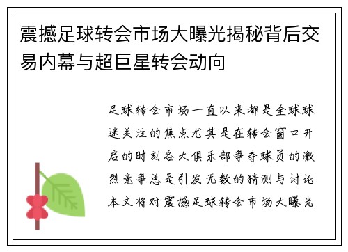 震撼足球转会市场大曝光揭秘背后交易内幕与超巨星转会动向