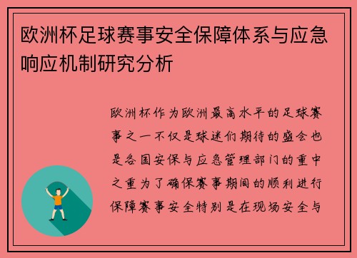 欧洲杯足球赛事安全保障体系与应急响应机制研究分析